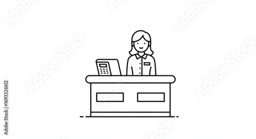 Illustration of a cashier woman standing behind a counter with a cash register in black and white line art vreated with genrated ai