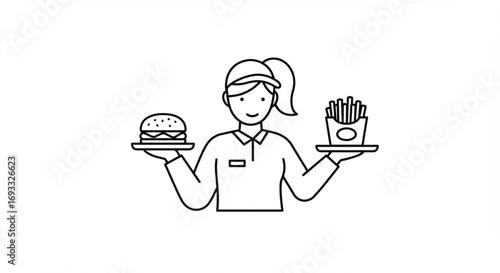 Line drawing of a waitress holding a burger and fries on trays in a simple black and white illustration vreated with genrated ai