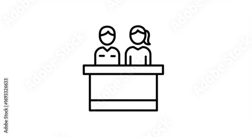 Illustration of two people behind a counter, depicted with simple line art and a white background vreated with genrated ai