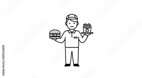Line drawing of a fast food worker holding a burger and fries on a tray for delivery service job vreated with genrated ai