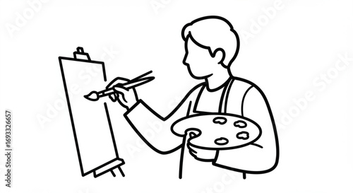 Artist drawing on a canvas with a brush and holding a palette in a simple black and white line art vreated with genrated ai