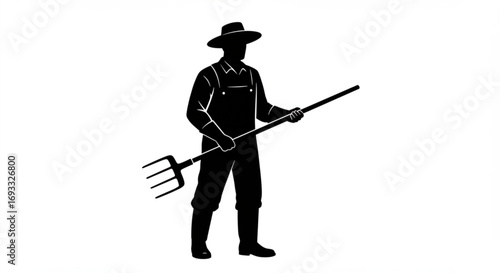 Silhouette of a farmer in overalls and hat holding a pitchfork in a black and white illustration vreated with genrated ai