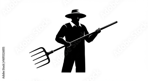 Silhouette of a farmer in a hat holding a long pitchfork with four tines against a white background vreated with genrated ai