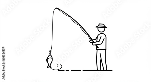 A simple line drawing of a person fishing with a fishing rod and a fish caught on the hook line art vreated with genrated ai
