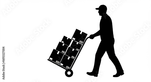 Silhouette of delivery man pulling hand truck loaded with boxes in black and white style image vreated with genrated ai
