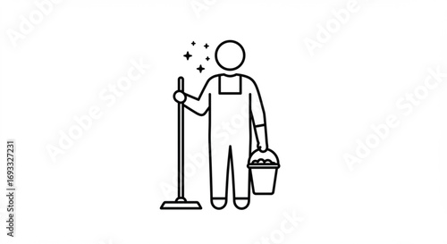 A cleaning worker in overalls with a mop and a bucket ready to clean and make things sparkling clean vreated with genrated ai