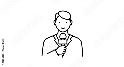 A simple line drawing of a man in a suit holding a microphone up to his mouth for an interview scene vreated with genrated ai
