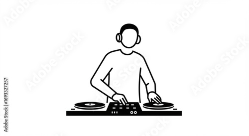 Illustration of a dj with headphones mixing music on a turntable with a mixer in a simple line drawing vreated with genrated ai