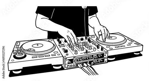 A dj mixing music with turntables and a mixer in black and white illustration style image scene view vreated with genrated ai