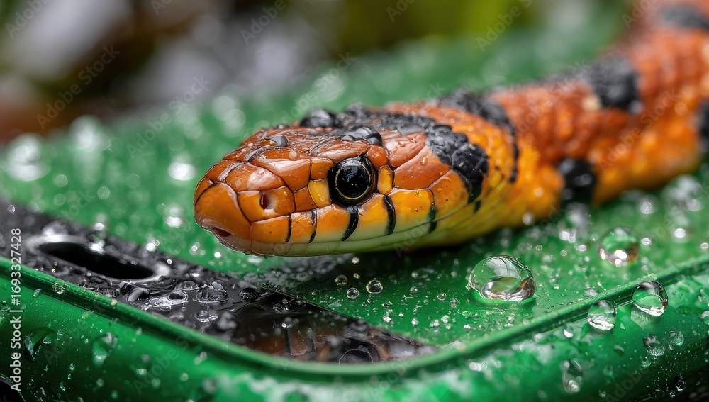 Fototapeta premium Close-up of a colorful snake on a wet surface