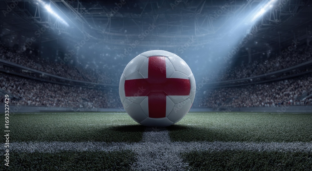 Naklejka premium Soccer ball in stadium spotlights
