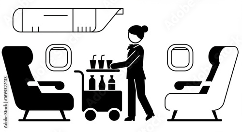 Flight attendant serving drinks on a cart in an airplane cabin with seats and overhead compartment vreated with genrated ai