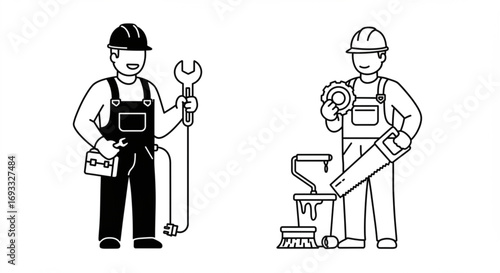 Two workers in overalls and hard hats holding tools such as a wrench, saw, gear, and paint supplies vreated with genrated ai