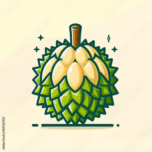 A stylized cartoon illustration of a spiky green durian fruit with exposed creamy yellow flesh.