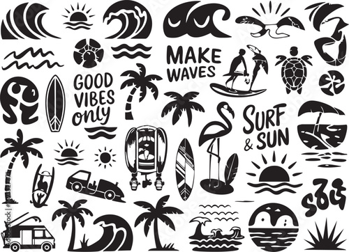 Monochrome Surf and Beach Vector Silhouettes
Tropical Summer Island Icon Set
Good Vibes Only Beach Lifestyle Elements
Black and White Ocean Adventure Collection
Make Waves Surf & Sun Graphics Pack
