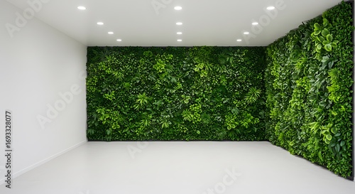 Empty square room with Artificial Green Plant Wall Exhibit, a variety of artificial green plants arranged in a dense, lush wall display