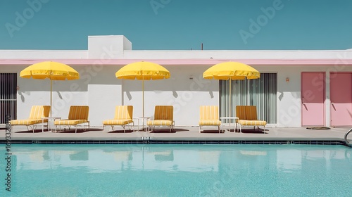 Relaxing Poolside at the Retro Hotel with Yellow Umbrellas and Blue Water