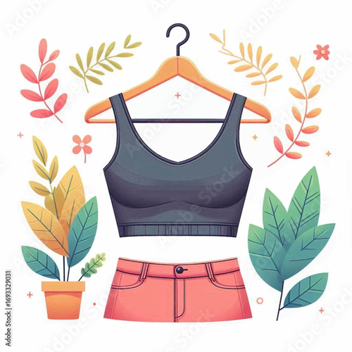 A set of apparel hung on a rack set around various plants and leaves