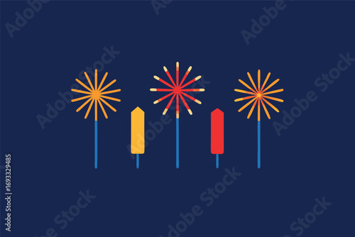 Minimalist Fireworks Display Illustration with Yellow and Red Explosions on a Dark Blue Background for Celebrations