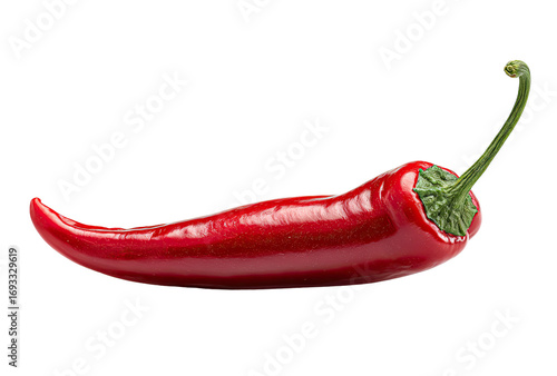 Close-up of a vibrant red chili pepper, lying horizontally, with a pointed stem.  