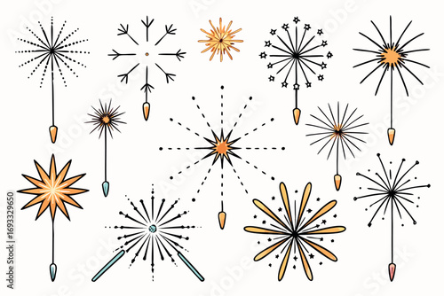 Collection of Hand Drawn Sparklers with Different Designs and Colors for Celebration New Year and Holiday Events