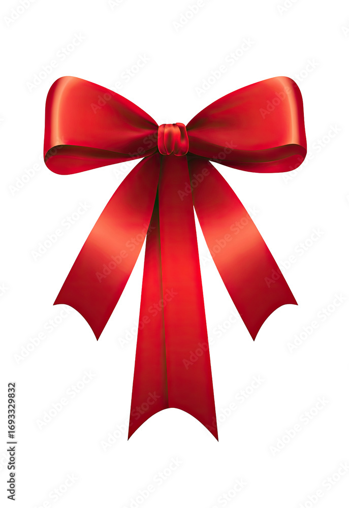 Fototapeta premium A vibrant red ribbon bow, digitally rendered. Glossy, faceted ribbon. Dark background. Gift wrapping