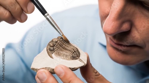 Paleontologist carefully cleaning a fossil of a trilobite with a brush in a studio setting