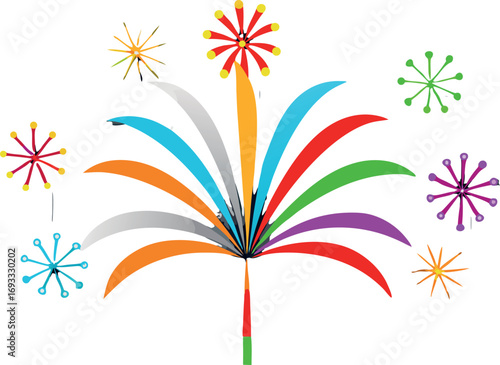 Colorful Firework Display with Bursting Stars and Arcs for Celebrations and Festive Occasions on a White Background