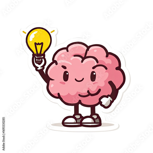 Cute cartoon brain holding a lightbulb.  A friendly, stylized brain character with expressive features, holding a glowing lightbulb. 