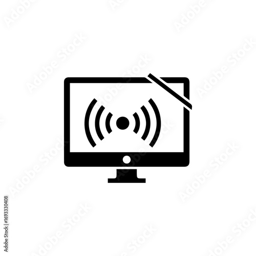 Black solid glyph icon of a computer monitor with a wireless broadcast signal and an external antenna.