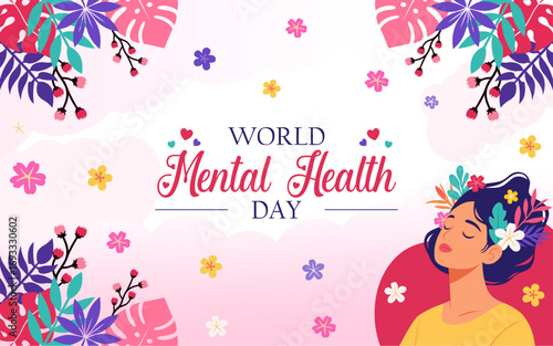 World Mental Health Day Vector Illustration on October 10 featuring Mental Health Awareness a Symbol with a beautiful woman closing her eyes and Flowers in a Flat Background