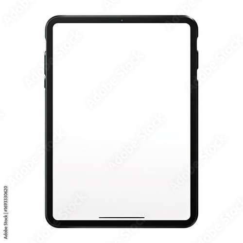 A black tablet computer with a blank white screen.  It's a modern, rectangular device with a bezel around the screen