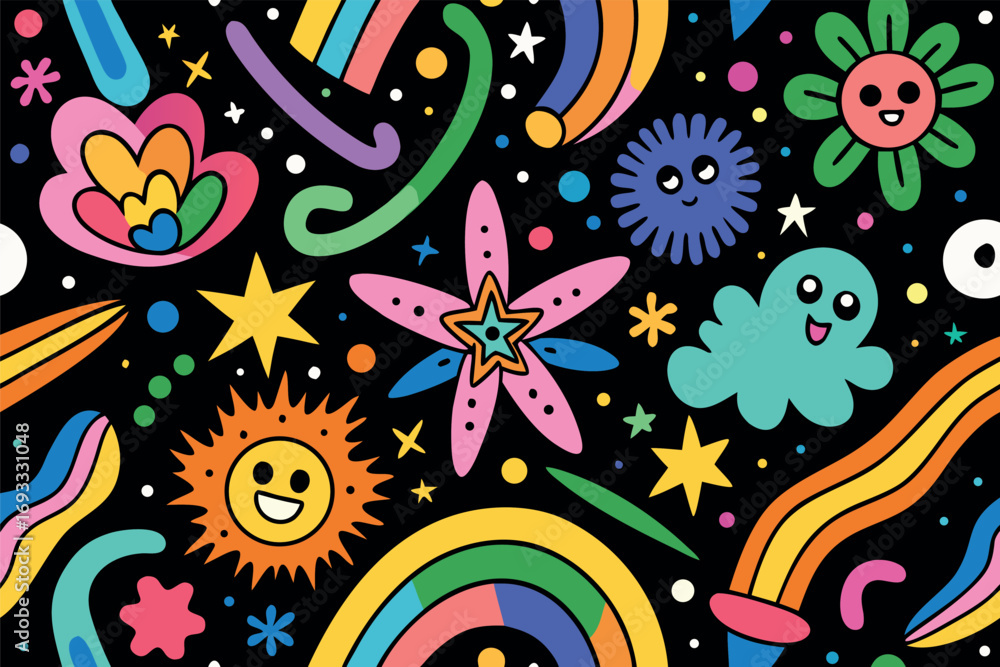 Fototapeta premium Happy colorful cartoon doodles seamless pattern background
