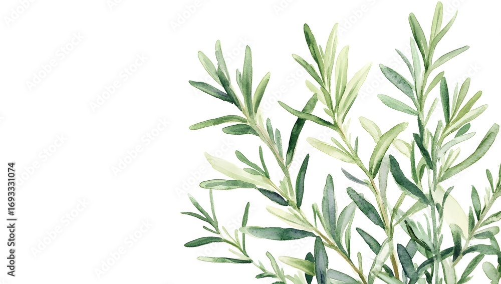 Fototapeta premium A watercolor, realistic, detailed illustration of an isolated, single rosemary plant in a light green hue,