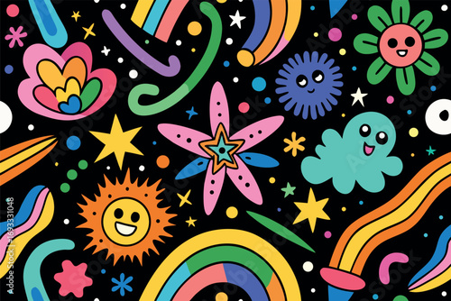 Happy colorful cartoon doodles seamless pattern background