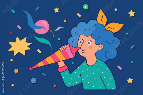 Happy girl blowing party horn celebrating birthday fun