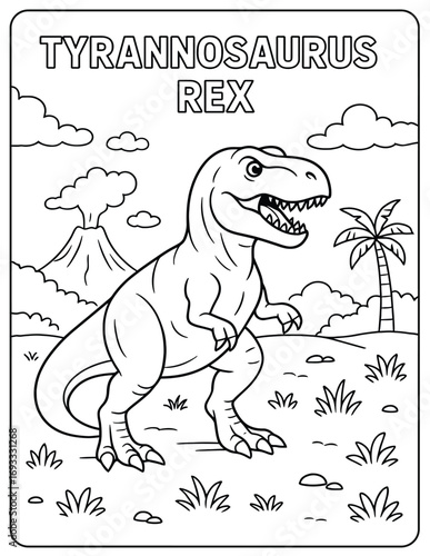 A black and white illustration of a tyrannosaurus rex in a prehistoric landscape
