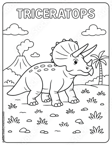 A triceratops in a prehistoric landscape coloring page with volcano and palm tree