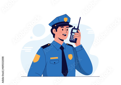 Policeman in blue uniform uses walkie talkie device. Ideal for law enforcement, security, communication, emergency response, technology, and teamwork concepts.