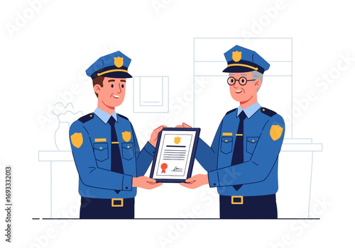 Two smiling police officers hold a certificate in an office. Suitable for law enforcement training materials or congratulations on achievement.