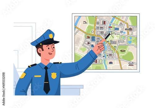Police officer in blue uniform points at a map. Great for law enforcement presentations, crime prevention materials, or geographyrelated content.