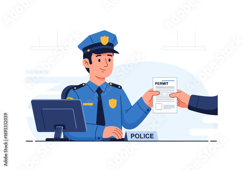 Police officer handing a permit to an unseen person. Suitable for legal templates, law enforcement concepts.
