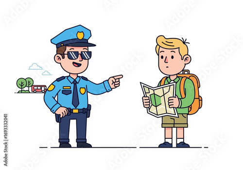 Police officer assists lost tourist with a map. Suitable for travel guides, tourism blogs, safety tips, directions, city guides, and navigationrelated content.