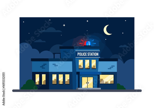 Police station with illuminated facade under a starry night sky, suitable for law enforcement websites or printed materials.