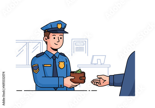 Policeman handing wallet, lost and found scenario. Suitable for illustrating honesty, security, assistance, and returning lost items in public places.