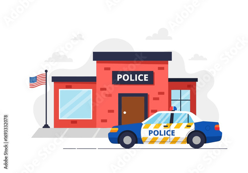 Detail of a police car outside brick station with us flag. Suitable for law enforcement, patriotic, security concepts. Government services themes.