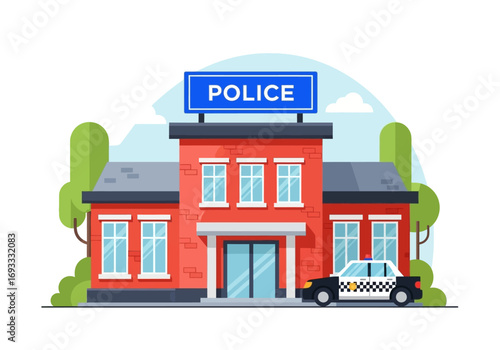 Red brick police station and patrol car capture a classic law enforcement scene, ideal for crime scene illustrations and cityscape layouts.