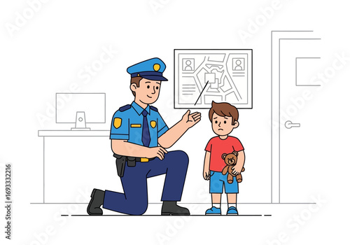 Police officer comforts child with teddy bear, building trust and support. Suitable for articles on community policing and child safety.