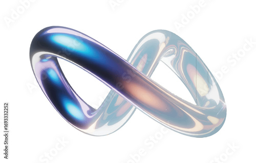 Dynamic 3D rendered infinity symbol with a captivating iridescent metallic finish, representing timeless concepts of continuity and endless potential against a clean white backdrop