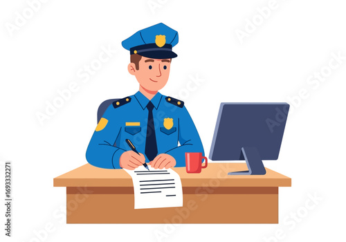 Police officer writing on paper in front of computer. Suitable for law enforcementthemed presentations or designs.